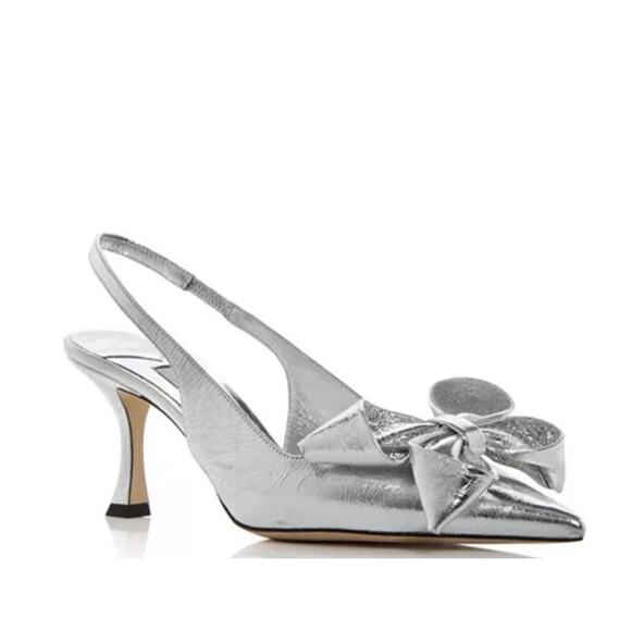 Jimmy Choo Staz 70MM Bow-Embellished Leather Slingback Pumps Silver Size 38 - Picture 1 of 9
